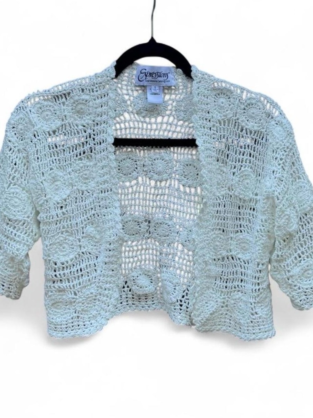 Expressions Ivory Crochet bolero shrug open knit cardigan 100% cotton cottage